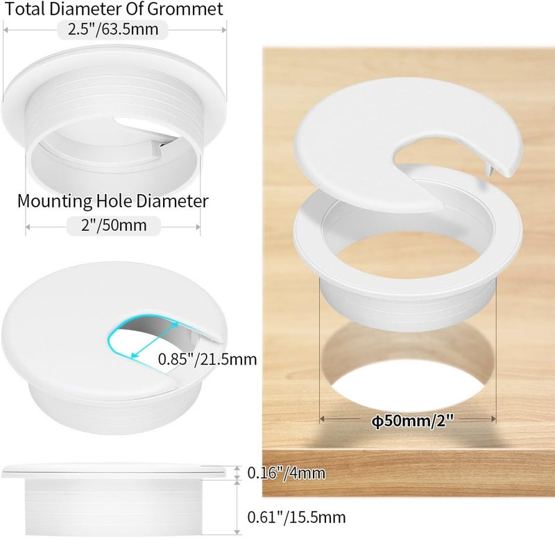 Petutu 10 Pack 2 Inch White Desk Grommet for Wires Cords-Plastic - Image 1
